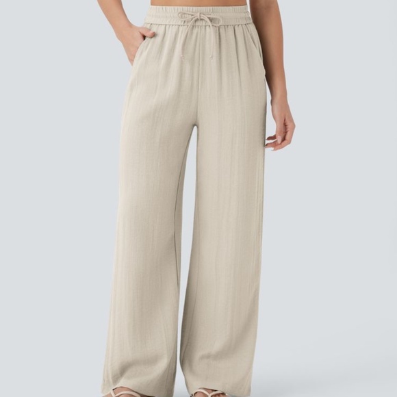 High Waisted Drawstring Pocket Wide Leg Casual Linen-Feel Pants - Picture 1 of 5